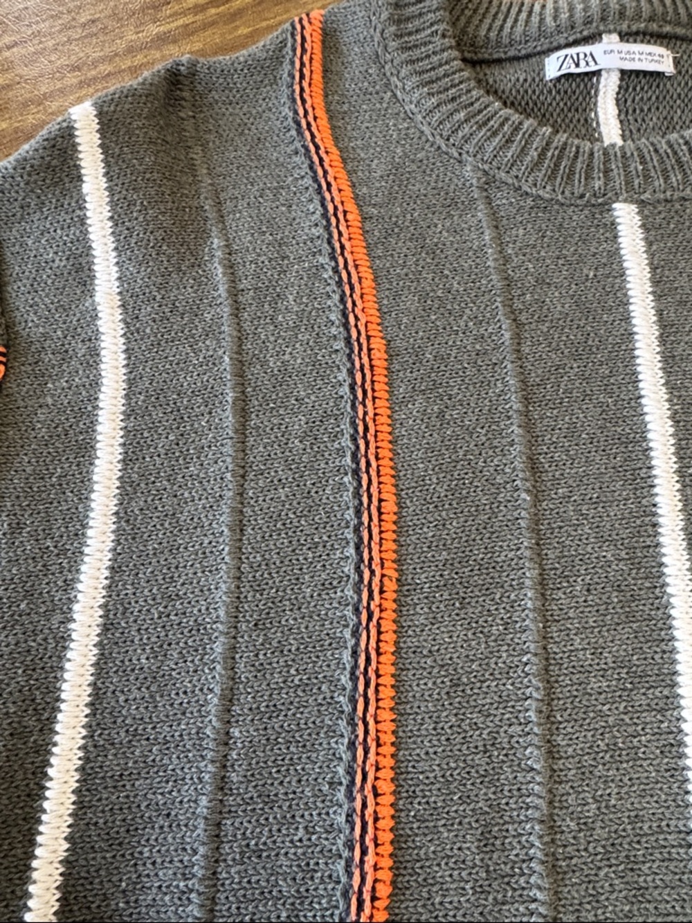 Zara Olive Crewneck Sweater with Orange & White Stripe Detail - Picture 2 of 4